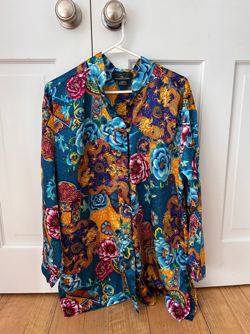Vibrant Floral Dragon Print Button-Up Kimono Blouse - Teal, Gold, Magenta